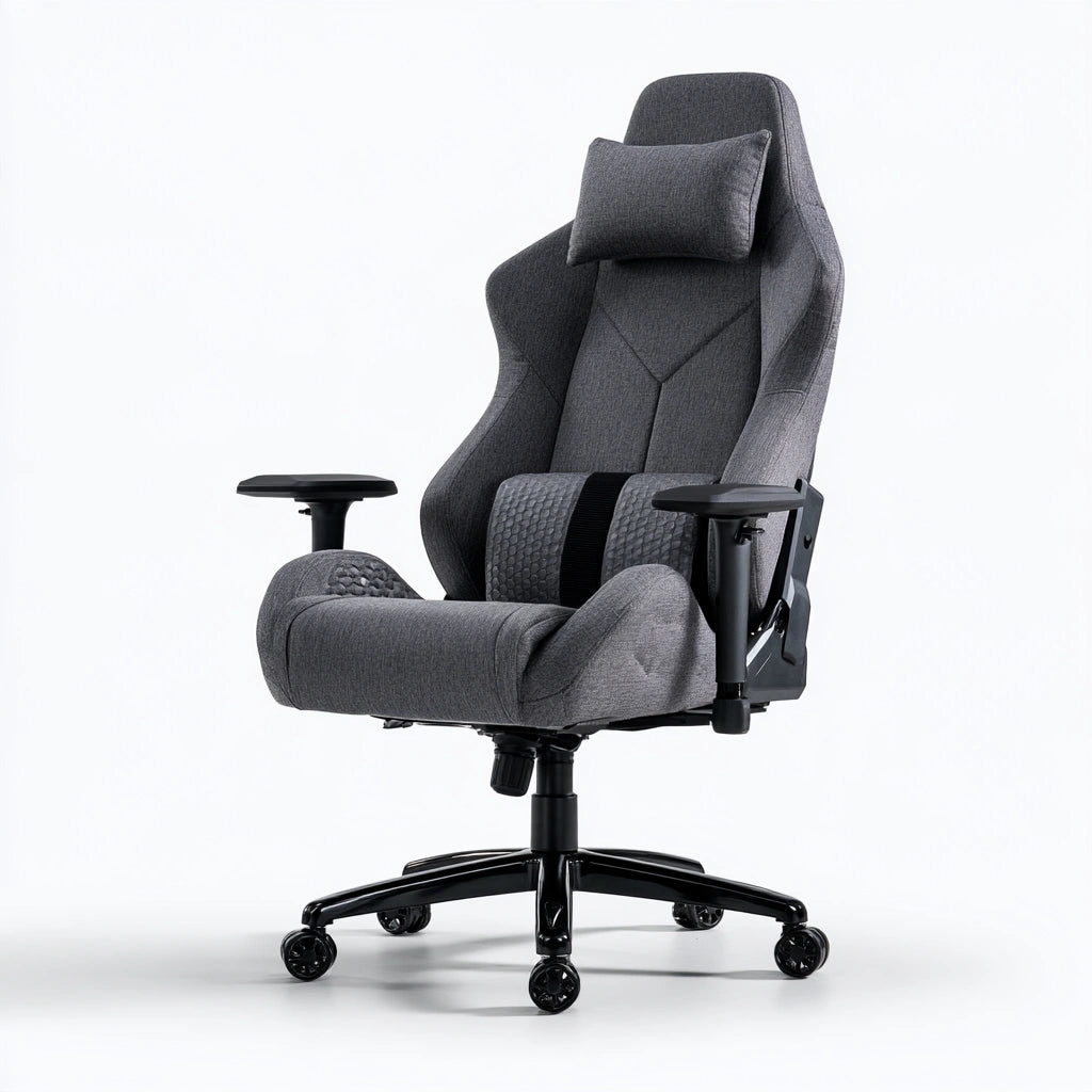 Ergonomiczny fotel gamingowy, tapicerowany tkaniną, kolor: szary