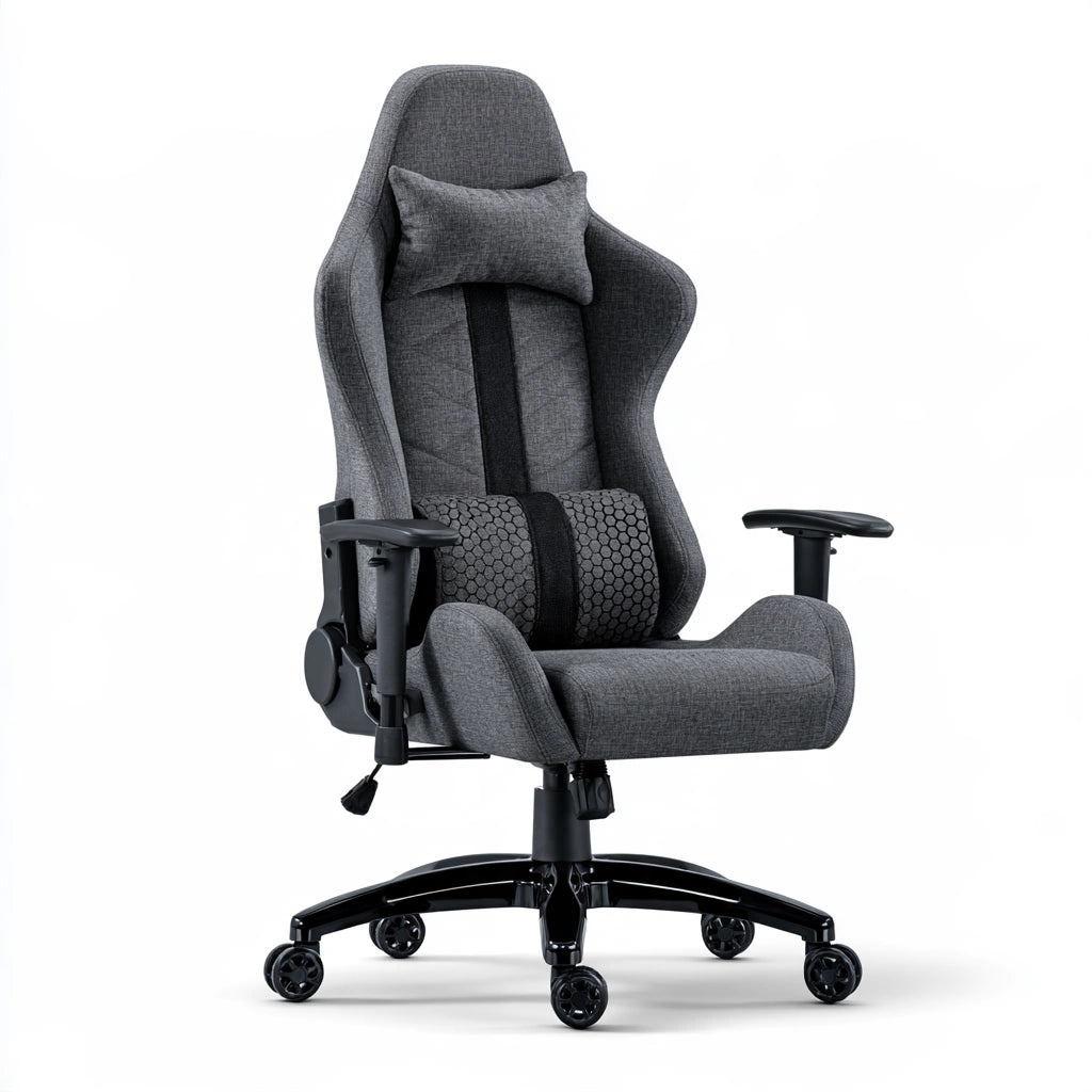 Ergonomiczny fotel gamingowy, tapicerowany tkaniną, kolor: szary